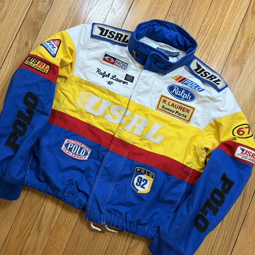 Polo Ralph Lauren USRL Racing NASCAR Canvas Bomber Jacket Size Medium Multicolor